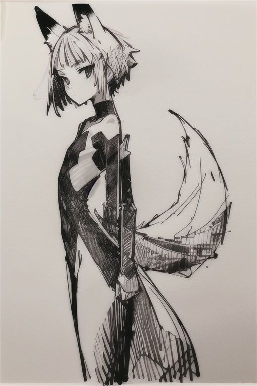 penSketch_style, ink sketch, 1girl, gray hair, sketch, tall, flat chest,neutral face, fox tail, Delicate skin tone