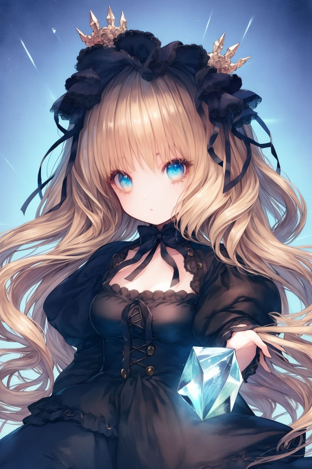 (young girl),(((Lolita))),(delicate eyelash),((cute anime face)),(extremely delicate and beautiful),(hair_flower),(Gem),(crystal),((colored inner long hair)),(multicolored),(beautiful detailed face ),((( detailed long hair ))),floating long hair,gradient hair,(lace),(ribbon),((crown)),(detailed cloth)