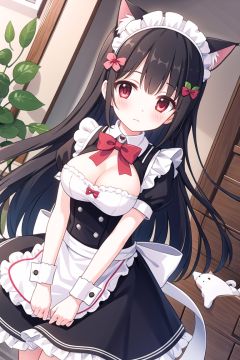 1girl, long hair, black hair, solo, red eyes, animal ears, dutch angle, flower, cat ears, breasts, maid headdress, plant, ribbon, wrist cuffs, bow, blush, maid, large breasts, potted plant, flower pot