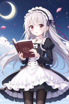 1girl, book, solo, pantyhose, flower, dress, petals, long hair, cross, red eyes, black pantyhose, lolita fashion, crescent moon, open book, sky, blush, holding, jewelry, hairband, looking at viewer, ribbon, necklace, moon, cloud, grey hair, long sleeves, lolita hairband, holding book, frills, outdoors