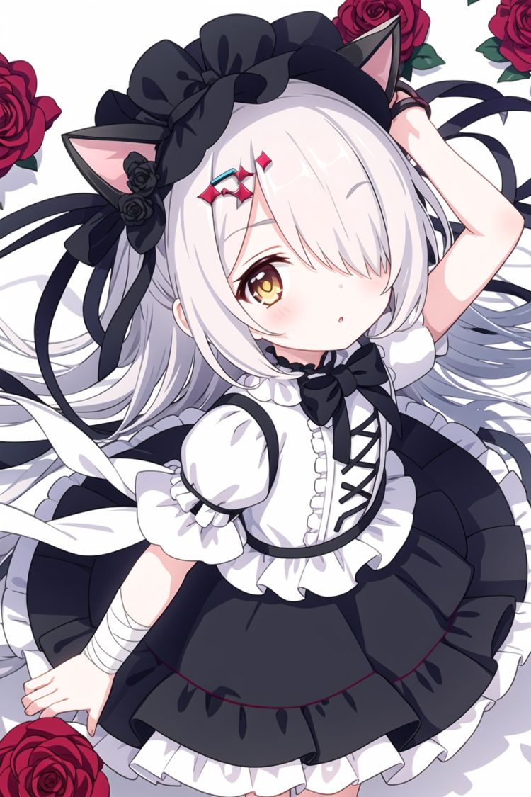1girl,(loli:1.2),petite,(child),flower, long hair, yellow eyes, rose, multicolored hair, bandages, white hair, solo, two-tone hair, black hair, hair over one eye, dress, looking at viewer, lolita fashion, cat, frills, black flower, split-color hair, from above, red eyes, hair ornament, bandaged arm, <lora:EMS-496-EMS:0.7>
