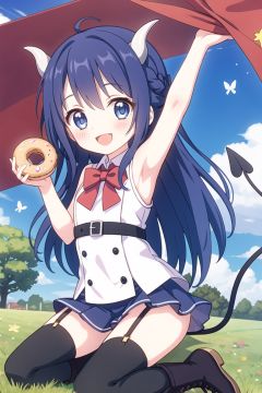 1girl, demon tail, 1boy, food, tail, thighhighs, long hair, garter straps, armpits, blue hair, purple eyes, boots, day, holding, outdoors, purple hair, food on face, open mouth, very long hair, tree, sky, :d, cloud, looking at viewer, smile, flag, sunlight, holding food, eating, blush, doughnut, blue sky, sitting, blue eyes, ribbon, black hair, butterfly, dress, bug, bow, arm up