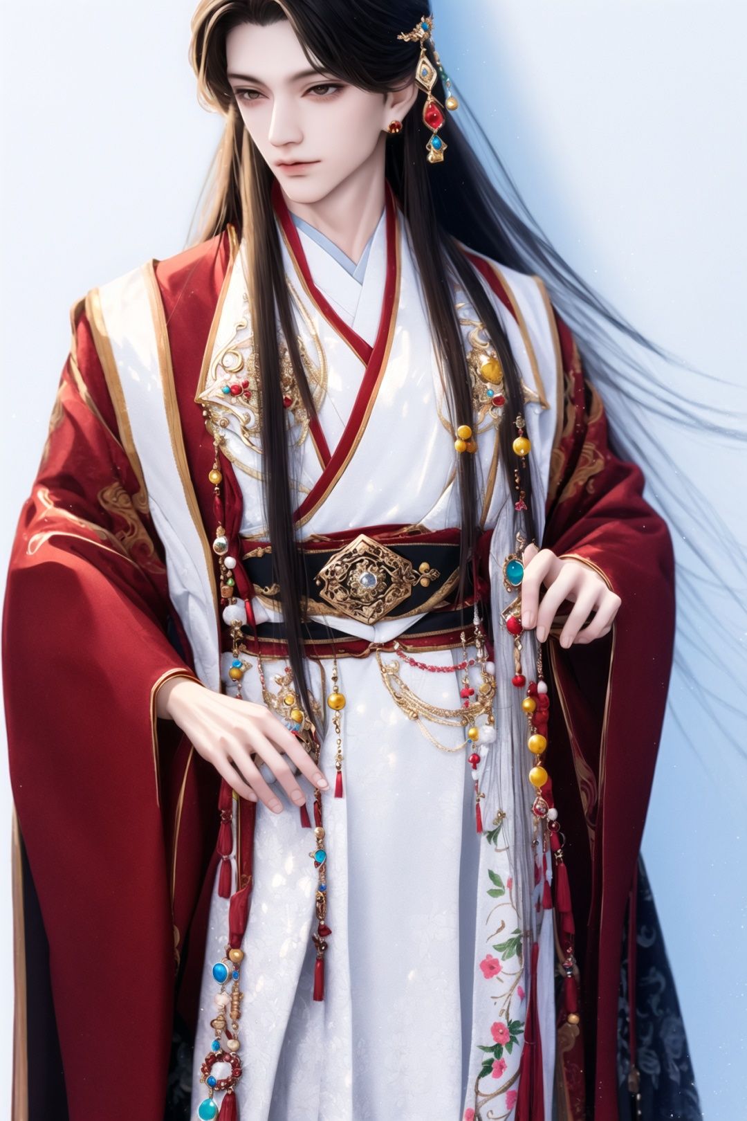 best quality, masterpiece, highly detailed wallpaper, white background, simple background, 1boy, ((solo)), standing,  long hair, very long hair, Gorgeous clothes, jewelry, Hair accessories, hanfu