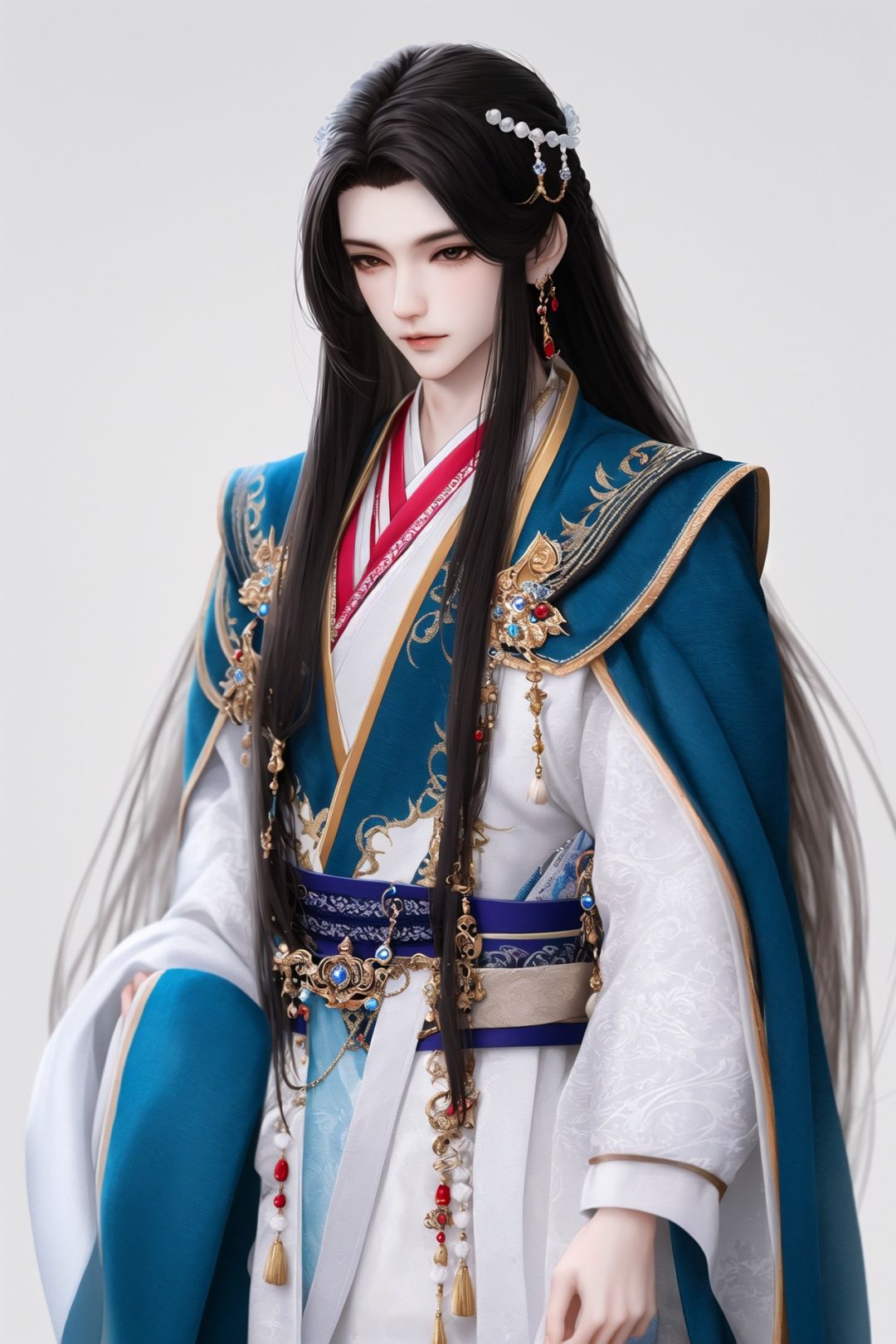 best quality, masterpiece, highly detailed wallpaper, white background, simple background, 1boy, standing,  long hair, very long hair, Gorgeous clothes, jewelry, Hair accessories, hanfu