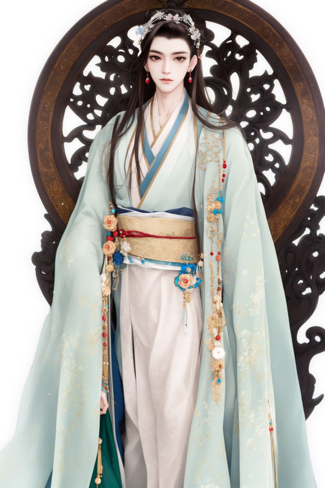 best quality, masterpiece, highly detailed wallpaper, white background, simple background, 1boy, standing,  long hair, very long hair, Gorgeous clothes, jewelry, Hair accessories, hanfu