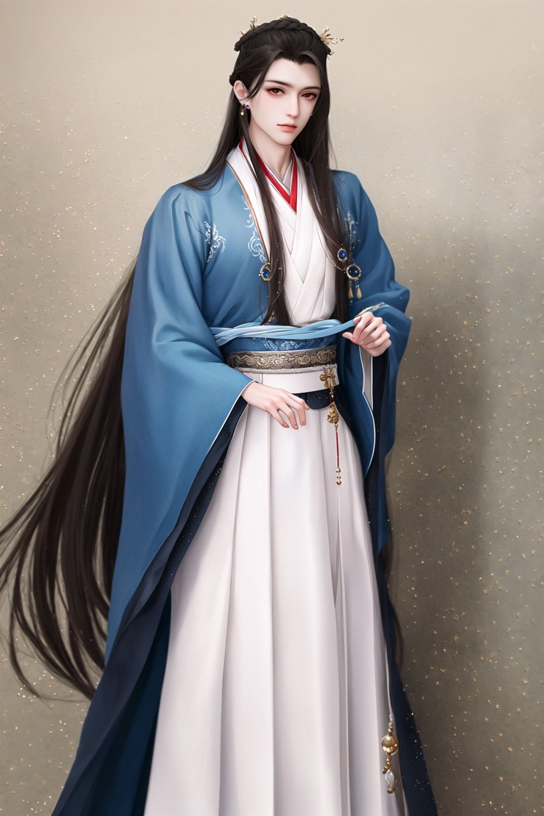 best quality, masterpiece, highly detailed wallpaper, white background, simple background, 1boy, ((solo)), standing,  long hair, very long hair, Gorgeous clothes, jewelry, Hair accessories, hanfu
