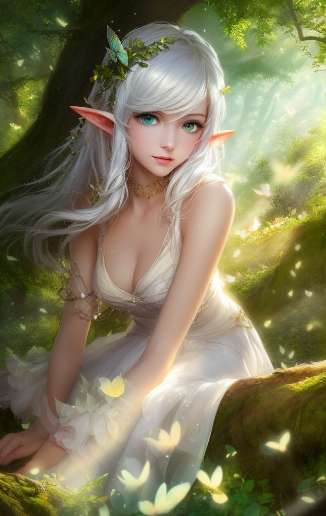 (((masterpiece))), (((best quality))), ((ultra-detailed)), (illustration), ((an extremely delicate and beautiful)),dynamic angle,floating, (beautiful detailed eyes), (detailed light) 1girl, pointy ear, long hair, water, solo, elf, sitting,half body, white hair, chain, green eyes, toeless legwear, barefoot, jewelry, looking at viewer,feather, leaves, nature, (sunlight), river, (forest),(painting),(sketch),(bloom),(portrait:1.2),(butterflys:1.2), (tyndall effect), obscure