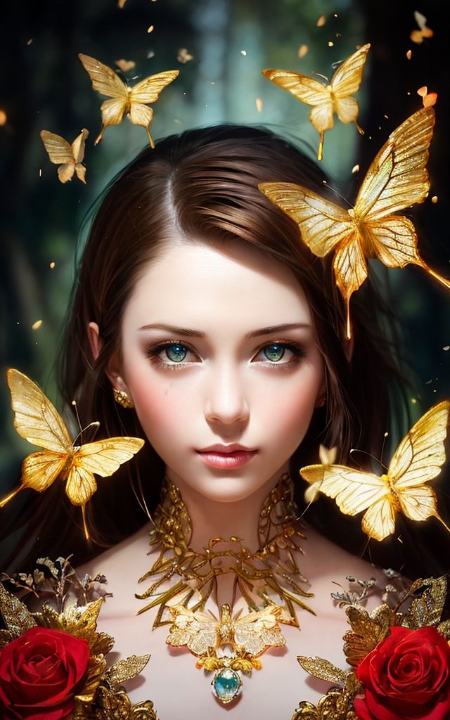 8k portrait of beautiful cyborg with brown hair, intricate, elegant, highly detailed, majestic, digital photography, art by artgerm and ruan jia and greg rutkowski surreal painting gold butterfly filigree, broken glass, (masterpiece, sidelighting, finely detailed beautiful eyes: 1.2), hdr