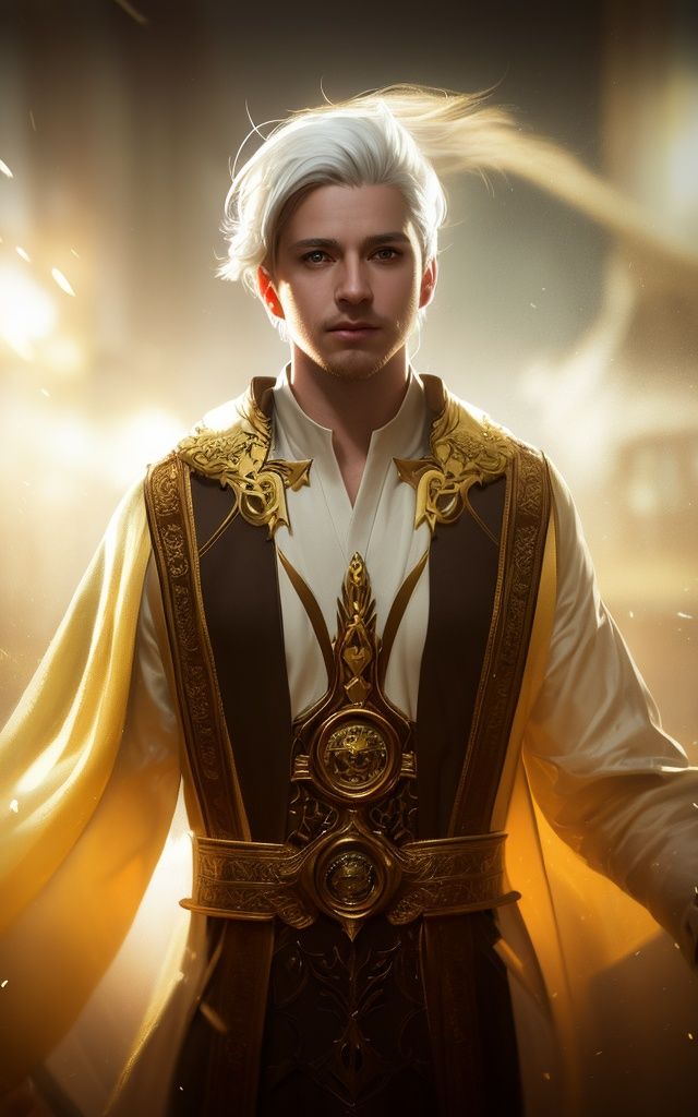 (masterpiece), (extremely intricate), photorealistic photo of a handsome male wizard, short beard, white wizard shirt with golden trim, white robe moving in the wind, long white hair, fully clothed, perfect face, handsome, (perfect composition:1.4), deviantart hd, artstation hd, concept art, detailed face and body, award-winning photography, margins, detailed face, professional oil painting by Ed Blinkey, Atey Ghailan, Jeremy Mann, Greg Manchess, Alex Gray, trending on ArtStation, trending on CGSociety, intricate, high detail, sharp focus, dramatic, award winning matte drawing cinematic lighting octane render unreal engine volumetrics dtx