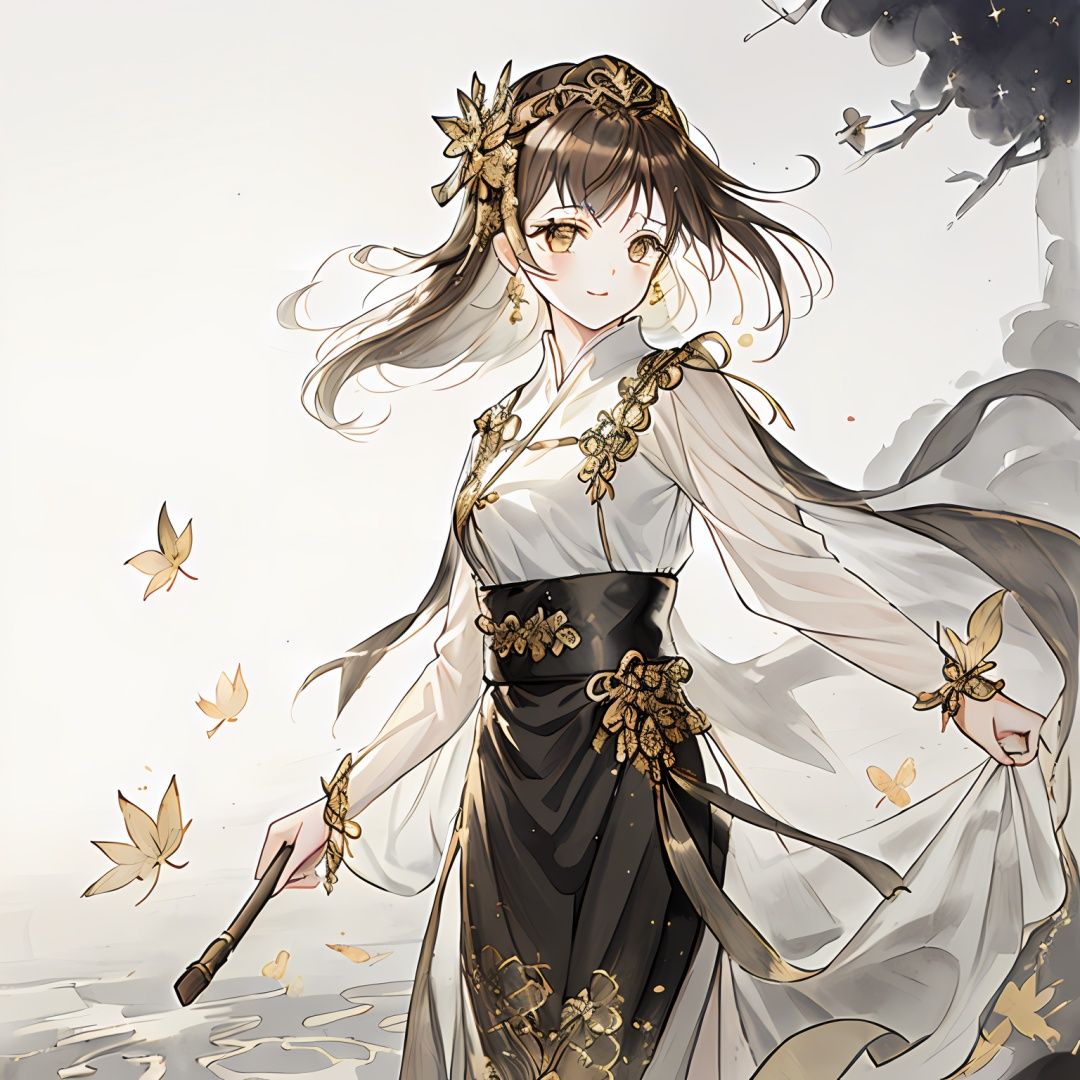 ((best quality)), ((masterpiece)), ((ultra-detailed)), (illustration), (detailed light), (an extremely delicate and beautiful),((a cute girl:1.2)),((cowboy shot)),standding,(Starry sky adorns beautiful detailed dress),golden {leaf-shape} headdress around two sides of head,(beautiful brown eyes),floating brown hair, colored inner hair,(Lakeside:1.2),Negative space,background detailed