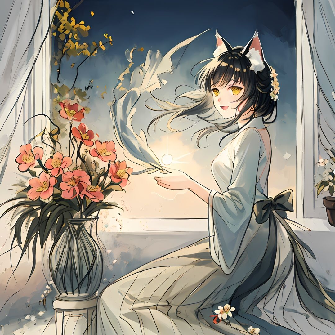 highly detailed,ultra-detailed,best quality,masterpiece,extremely detailed,best shadow,solo,cat ear girl, yawning, on the bed, window open, sunshine, curtain swaying in the wind, flower bouquet on the windowsill, professional evaluation, artwork, keywords: cute, relaxing, peaceful, pastoral, natural, soft, gentle, dreamy, cozy, harmonious, idyllic, tranquil, serene, ethereal, delicate, whimsical, romantic, girly, vibrant, colorful, imaginative, evocative, nostalgic, timeless, captivating, enchanting, magical, poetic, lyrical, expressive, artistic, aesthetic, inspiring, uplifting, heartwarming, soothing, rejuvenating, refreshing, invigorating, rejuvenating.
