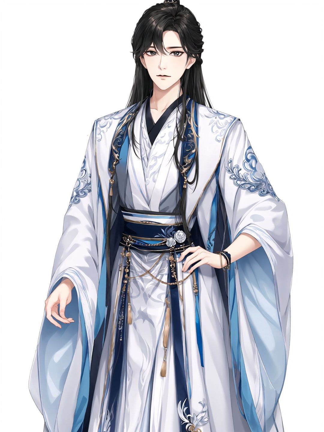 masterpiece, best quality, high resolution, white background, 1boy, {{standing}}, long hair, masterpiece, best quality, high resolution, white background, 1boy, {{standing}}, long hair, simple clothes, gray clothes, gray clothes, gray cloth, black sleeves, black collar, black robe, gray undershirt, black skirt, black chinese dress, black dress, black gauze dress, open clothes