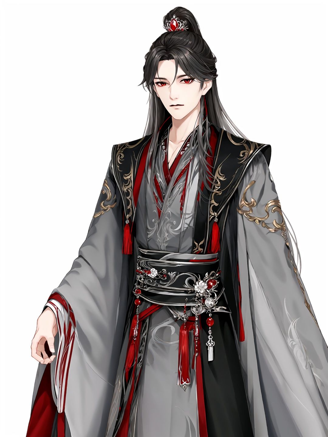 masterpiece, best quality, high resolution, white background, 1boy, {{standing}}, long hair, simple clothes, gray clothes, gray clothes, gray cloth, black sleeves, black collar, red and black robe, red undershirt, black skirt, red chinese dress, black color dress, black gauze dress, open clothes, 