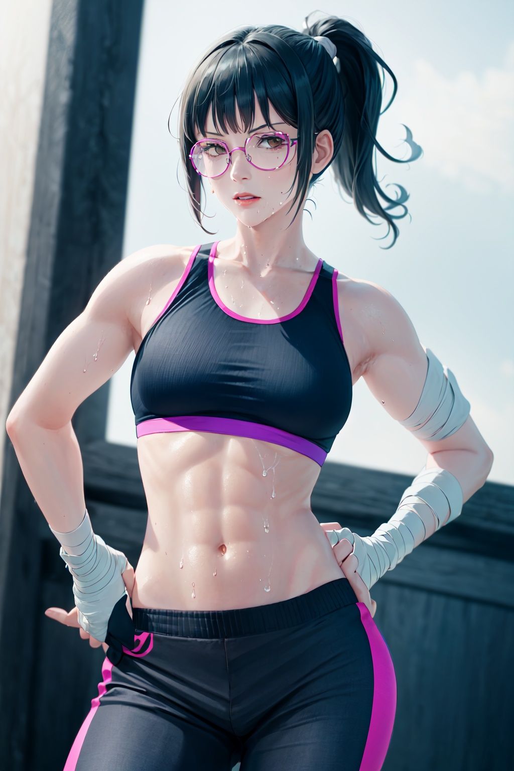 Zenin_Maki, 1girl, solo, looking_at_viewer, navel, medium_breasts, cowboy_shot, sweat, glasses, midriff, pants, hand_on_hip, muscular, bandages, abs, clenched_hand, toned, sports_bra, bandaged_arm, round_eyewear, muscular_female, punching, bandaged_hand