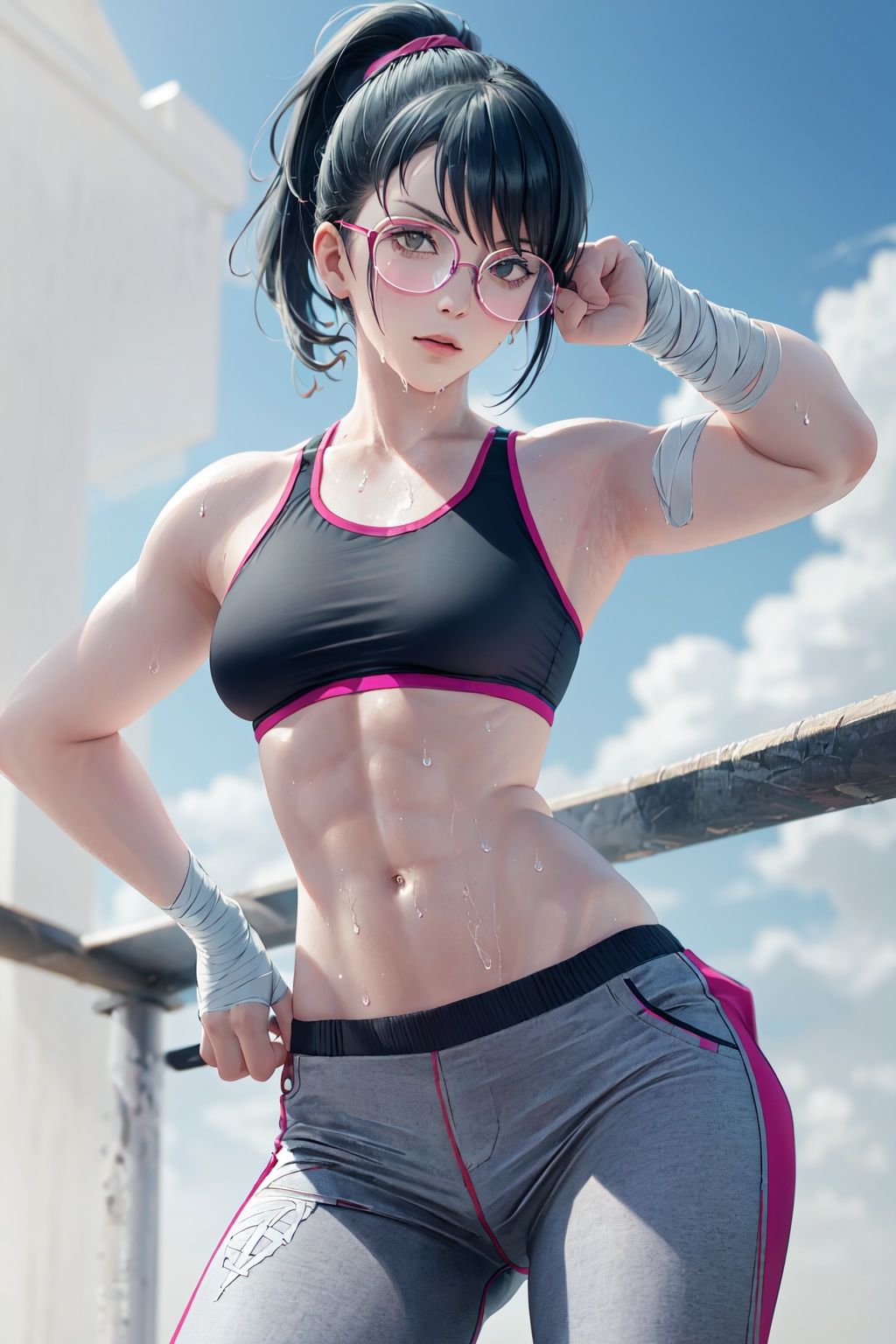 Zenin_Maki, 1girl, solo, looking_at_viewer, navel, medium_breasts, cowboy_shot, sweat, glasses, midriff, pants, hand_on_hip, muscular, bandages, abs, clenched_hand, toned, sports_bra, bandaged_arm, round_eyewear, muscular_female, punching, bandaged_hand