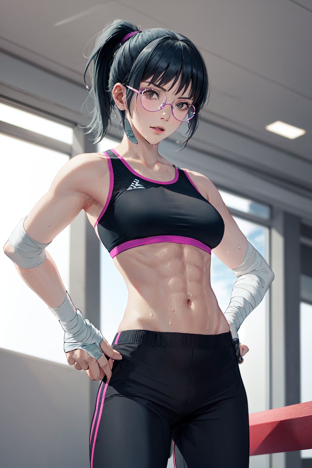 Zenin_Maki, 1girl, solo, looking_at_viewer, navel, medium_breasts, cowboy_shot, sweat, glasses, midriff, pants, hand_on_hip, muscular, bandages, abs, clenched_hand, toned, sports_bra, bandaged_arm, round_eyewear, muscular_female, punching, bandaged_hand
