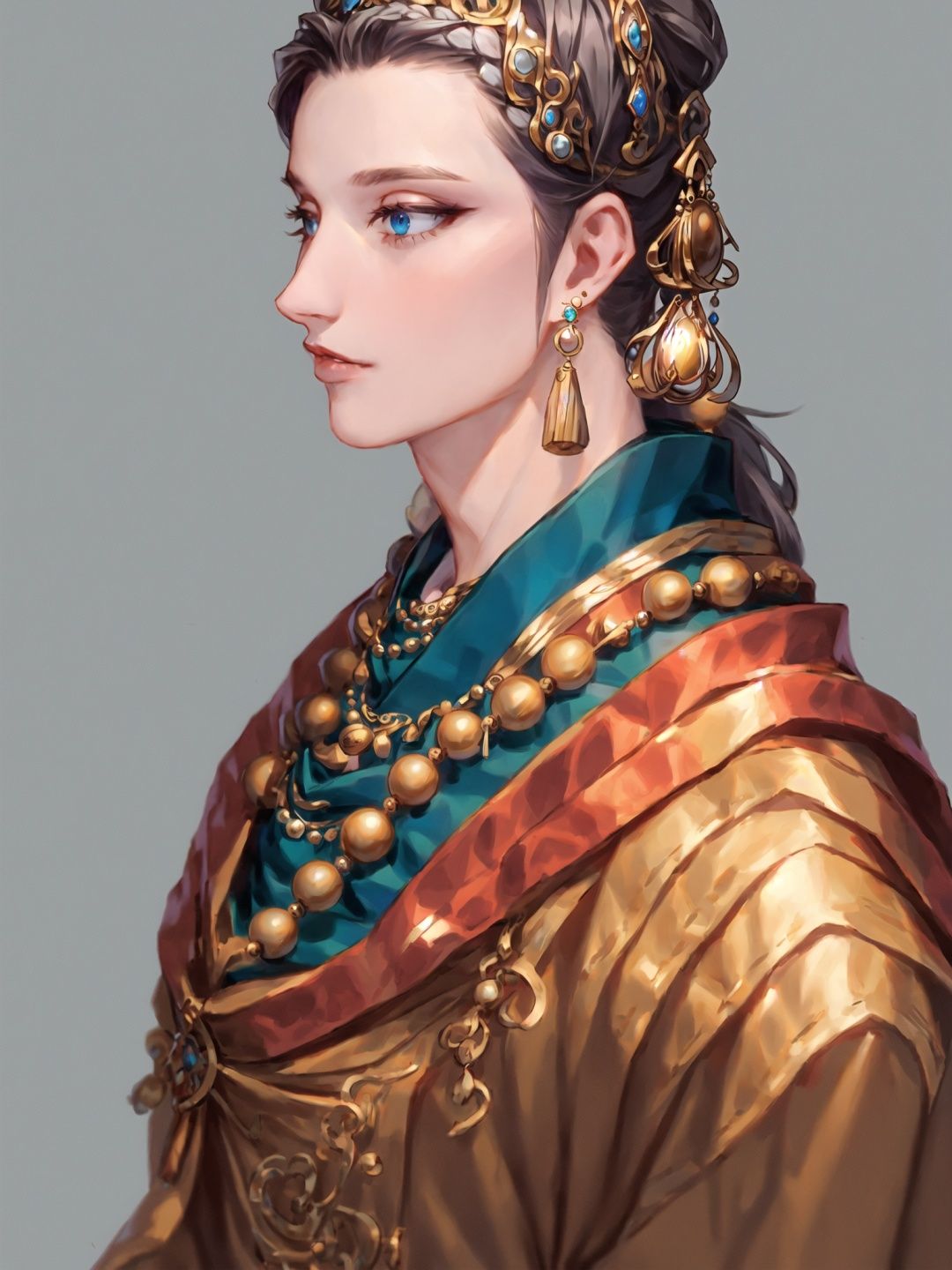 best quality, masterpiece, highly detailed wallpaper, white background, 1boy, {{{standing}}, solo, blue eyes, jewelry, long hair, necklace, gray hair, hair ornament, beads, headband, ponytail, shut up, lips, hair beads, sideburns, nose, tassel, male focus, simple background, circle, looking into the distance, gemstones, traditional clothing, portrait, earrings, high ponytail, tiara, hair tube, braid, multiple braids, bead necklace, eyelashes, hair stick