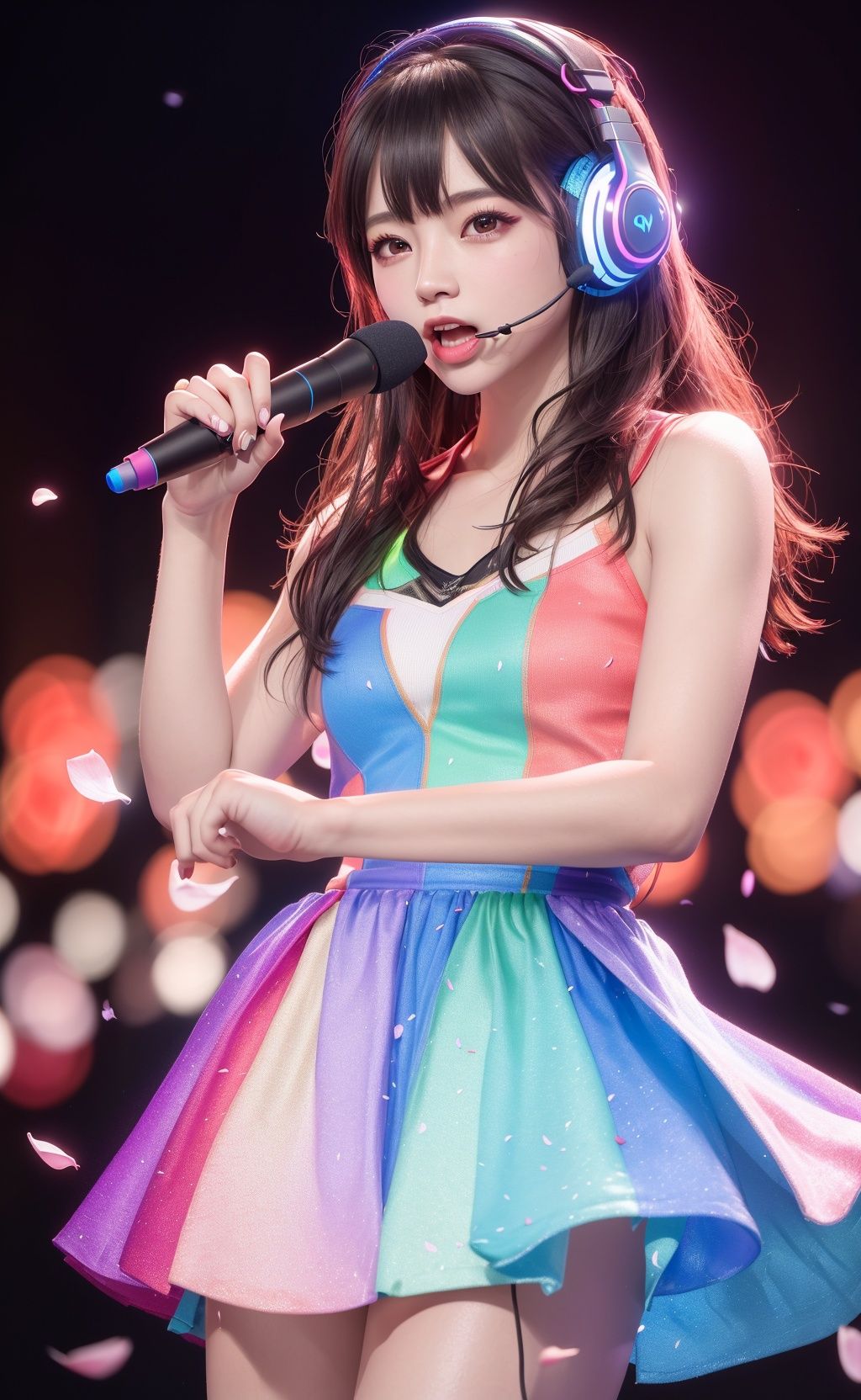realistic,photorealistic,masterpiece,best quality,1girl,solo,looking at viewer,((masterpiece)),(((best quality))),((ultra-detailed)),A lot of waving glow sticks,(solo),1 girl,((singing)),headset,colorful,ray tracing,cherry_blossoms,petals,