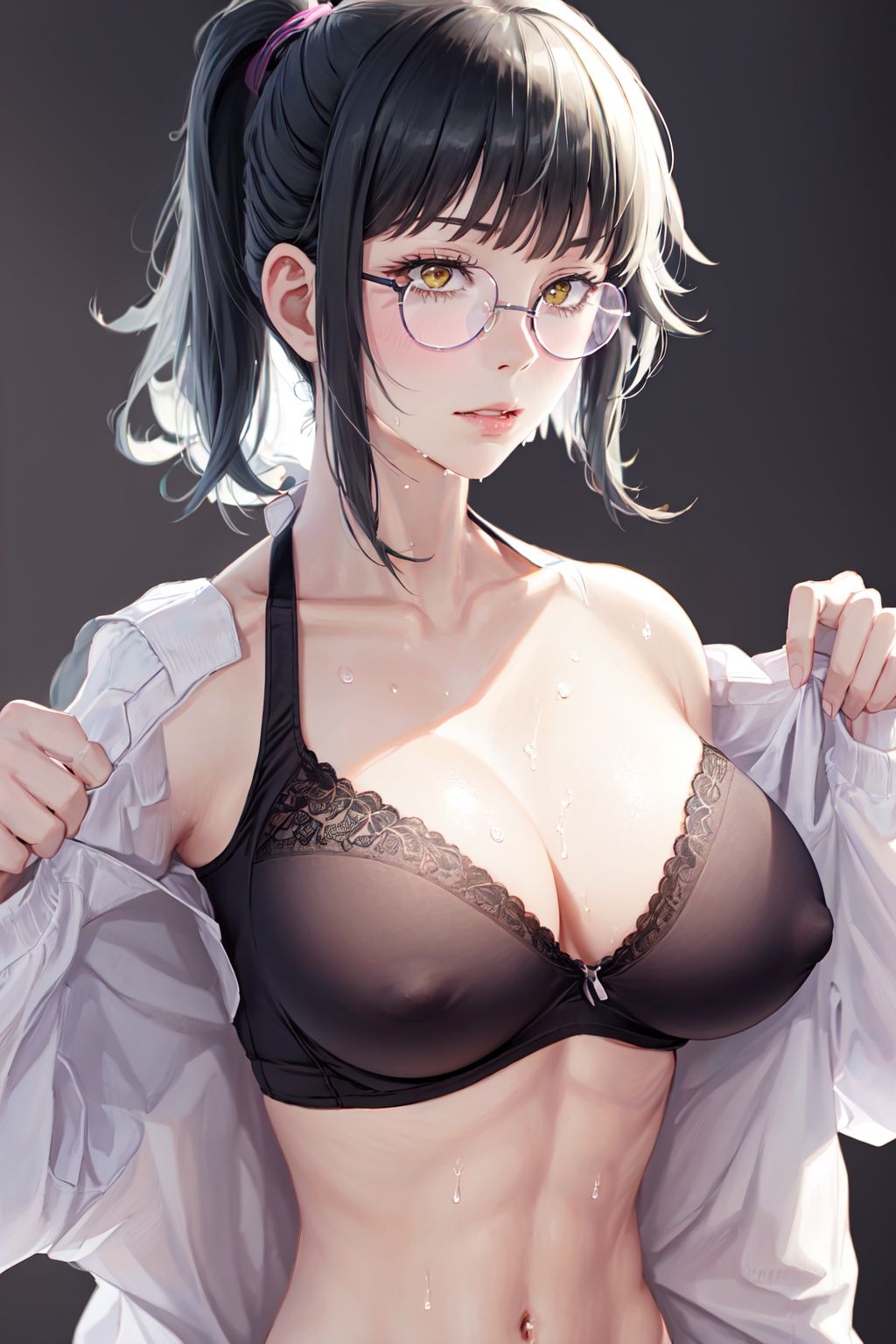 Zenin_Maki, 1girl, solo, large_breasts, simple_background, navel, cleavage, bare_shoulders, underwear, collarbone, jacket, yellow_eyes, upper_body, sweat, parted_lips, glasses, bra, covered_nipples, muscular, abs, **********, black_bra, toned, muscular_female