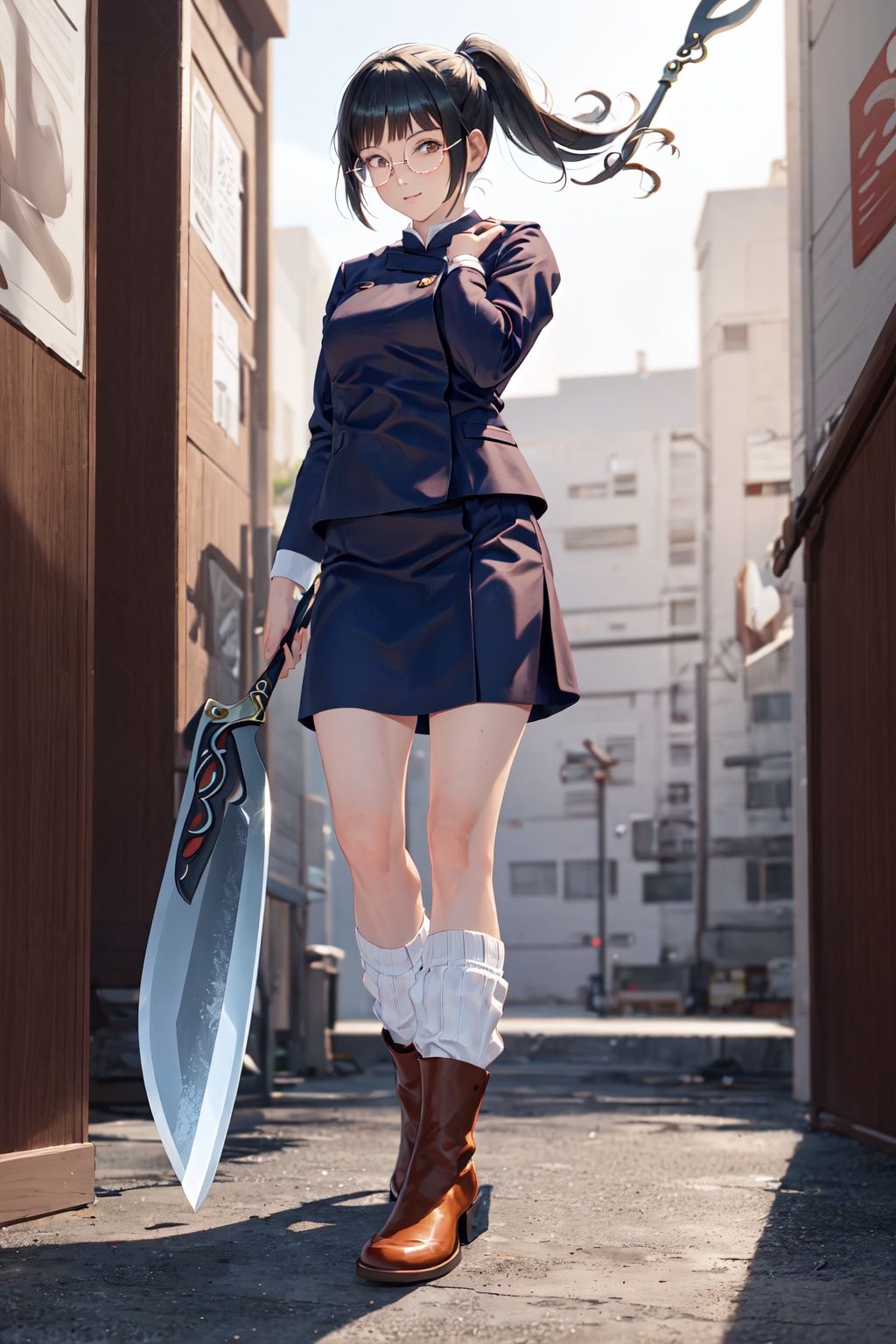 Zenin_Maki, 1woman solo, skirt, school_uniform, jacket, full_body, weapon, glasses, socks, holding_weapon, brown_footwear, white_socks, polearm, spear, loose_socks