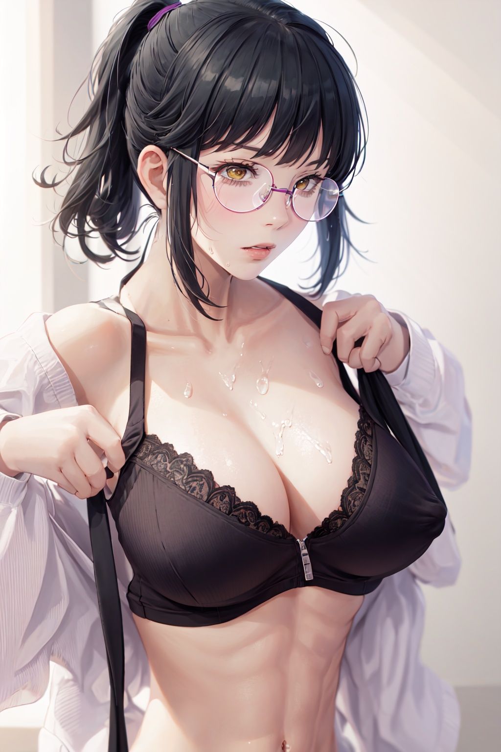 Zenin_Maki, 1girl, solo, large_breasts, simple_background, navel, cleavage, bare_shoulders, underwear, collarbone, jacket, yellow_eyes, upper_body, sweat, parted_lips, glasses, bra, covered_nipples, muscular, abs, **********, black_bra, toned, muscular_female