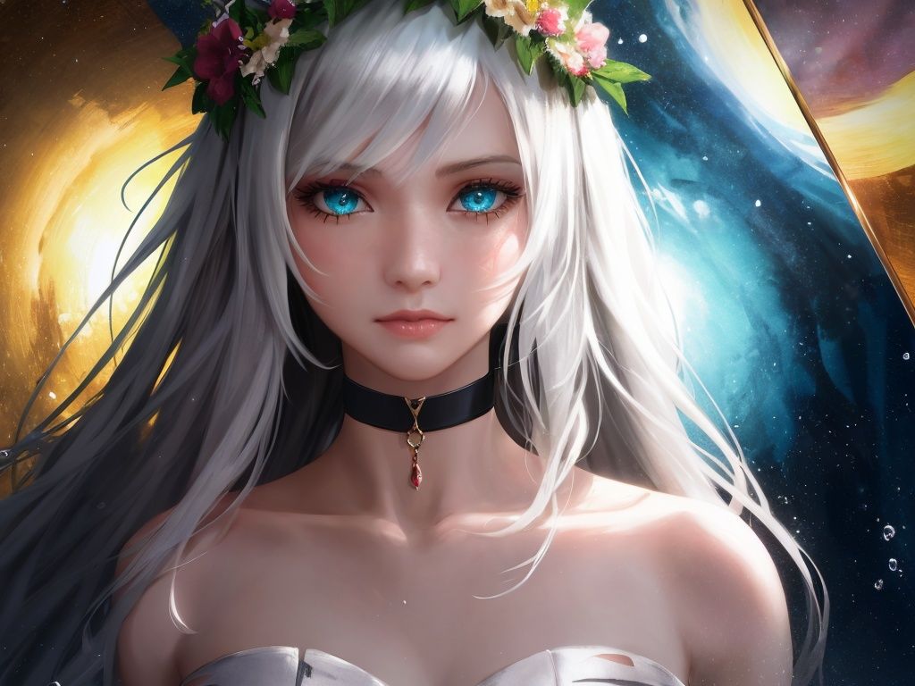 petite, 1girl, solo, white hair,hair intakes, floating hair,head wreath,tiger tooth,galaxy,choker,center frills,torn clothes,embarrassed ,{{{{by famous artist}}}, beautiful, masterpiece, reflective hair, good lighting, {{looking at you}}, {{{{by wadim kashin}}}}, {{{{ray tracing}}}}, flowing hair, glossy hair, {{{super detailed skin}}}, masterpiece, masterwork, detailed, good lighting, glass tint, zoom in on eyes, {{reflective eyes}}, water eyes, portrait of girl,