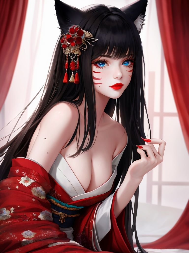 1girl, animal ears, solo,blue eyes, whisker markings, facial mark, black hair, mole, long hair, red lips, hair ornament, looking at viewer, red nails, fingernails, japanese clothes, bangs, bare shoulders, fox ears, lips