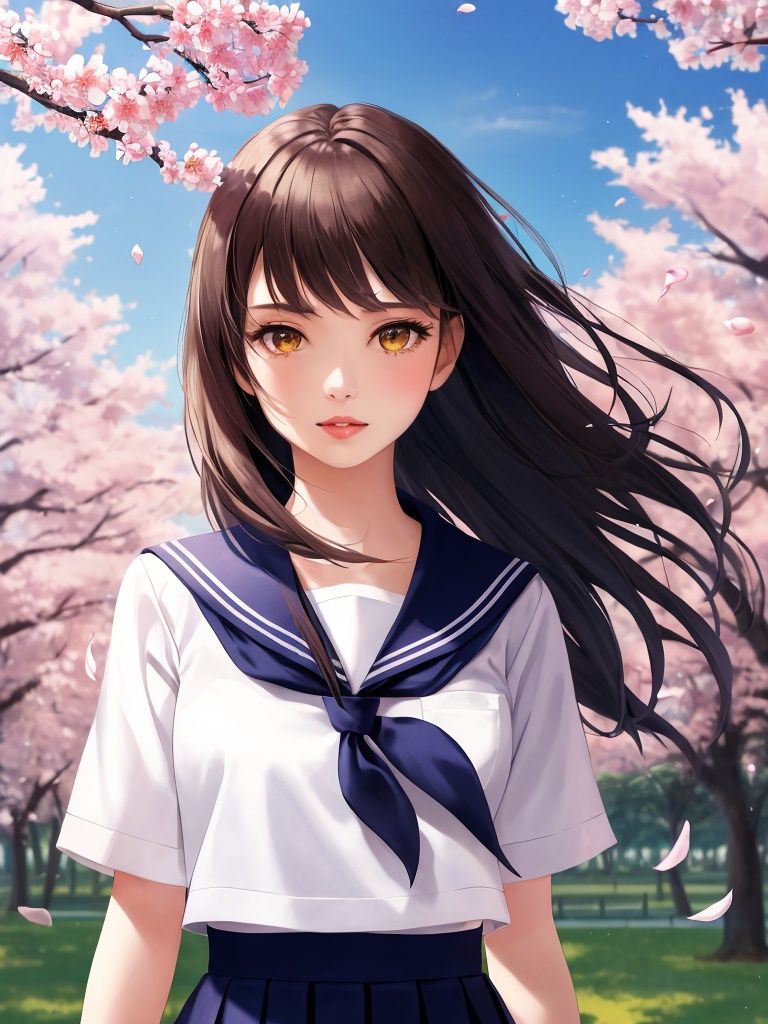 game cg,(solo),(((masterpiece, best quality, detailed))), cherry_blossoms,petals,letterboxed,spring_(season),1girl,branch,long_hair,school_uniform,falling_petals,solo,serafuku,wind,brown_hair,sailor_collar,hanami,looking_at_viewer,neckerchief,brown_eyes,parted_lips,bangs,upper_body,flower,floating_hair,pink_flower,white_shirt,graduation