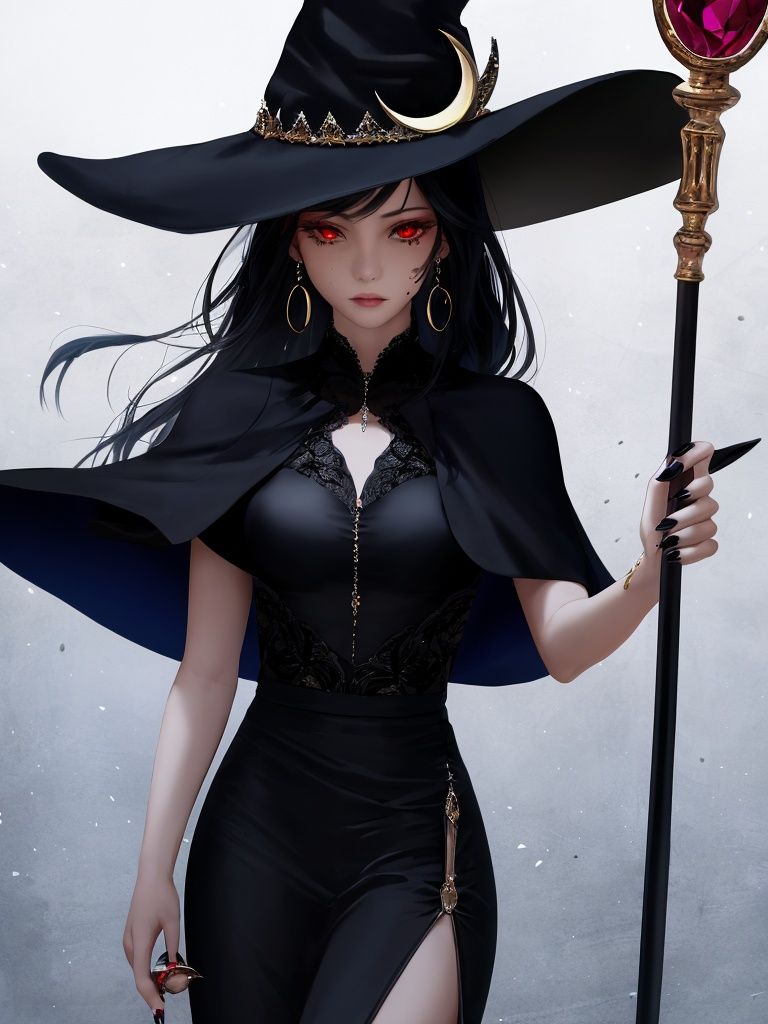 1girl, solo, hat, staff, witch hat, black hair, jewelry, red eyes, long hair, holding staff, holding, witch, earrings, black nails, looking at viewer, dress, black dress, black headwear, nail polish, capelet, crescent, mole