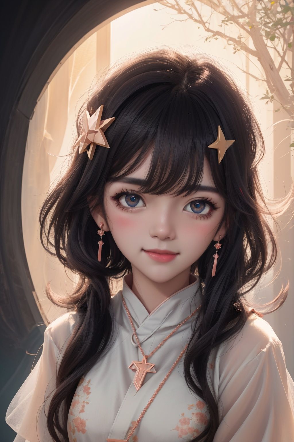 best quality, masterpiece, highres, 1girl,blush,(seductive smile:0.8),star-shaped pupils,china hanfu,hair ornament,necklace, jewelry,Beautiful face,upon_body, tyndall effect,photorealistic, dark studio, rim lighting, two tone lighting,(high detailed skin:1.2), 8k uhd, dslr, soft lighting, high quality, volumetric lighting, candid, Photograph, high resolution, 4k, 8k, Bokeh