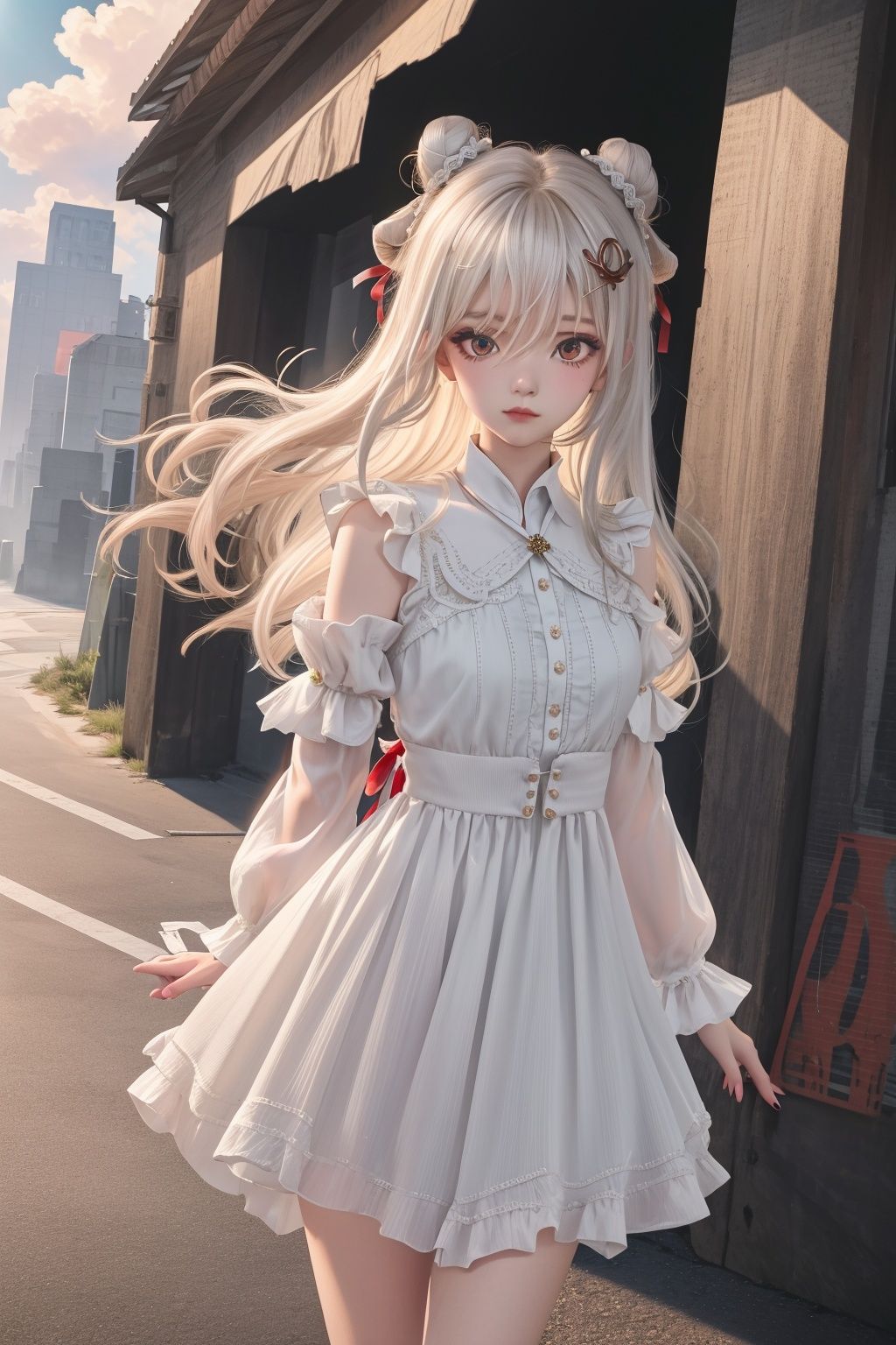 realistic,photorealistic,masterpiece,best quality,1girl,solo,(standing in street),looking at viewer,((masterpiece)),((best quality)),((official art)),(extremely detailed CG unity 8k wallpaper),((highly detailed)),((a girl)),(single),staring,fairy,hair_ornament,(very long hair),(messy_hair),bare shoulders,ribbon,hairs between eyes,beautiful detailed sky,close-up,arms behind back,thighs,mist-shrouded,chinadre,overexposure,solo,incredibly_absurdres,intense angle,pleated dress,single hair bun,white_hair,red_eyes,eyeshadow,eyeliner,eyes visible through hair,ribbon-trimmed sleeves,