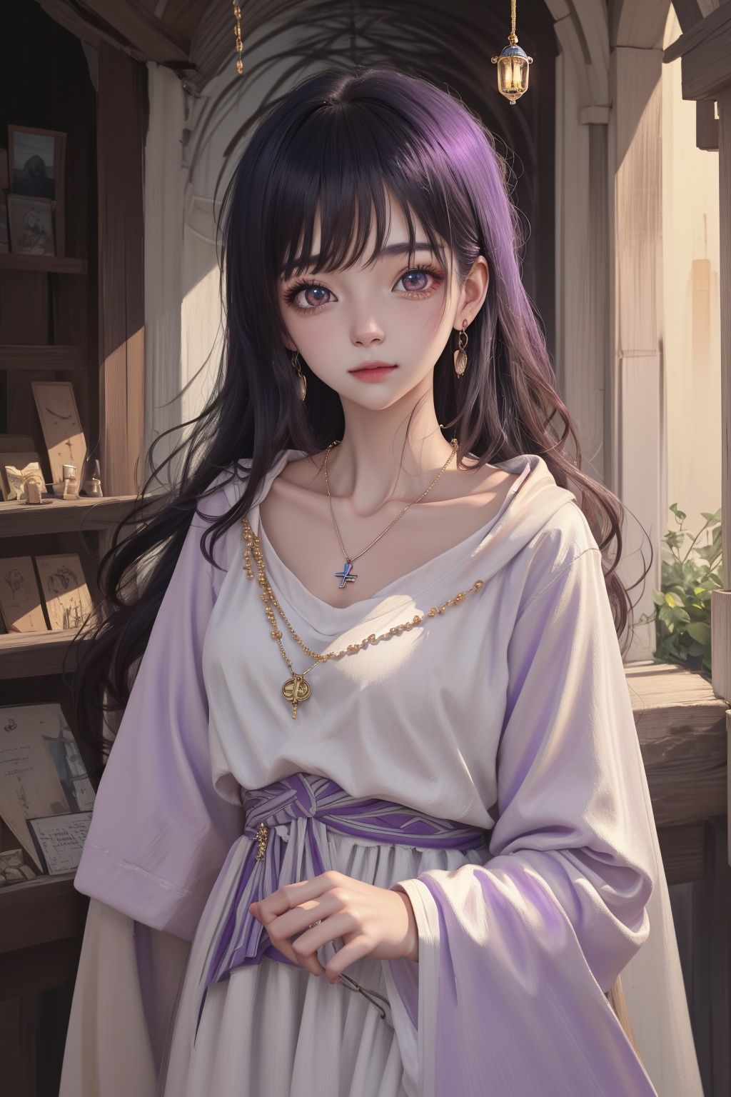 ((8k portrait of young ***** female, pale white skin, masterpiece)), finely detailed wizard robe, (light purple colored clothing, intricate, thin), medium bust, long hair, blonde, (beautiful eyes), fantasy, elegant, mystic, potion shop, outdoor, medieval, ornaments, long pendant necklace, magical, award winning, (best of pixiv), painting by top artists, cinematic, detailed accessories, strong collarbone, cold lighting, (professional lighting), natural beauty,