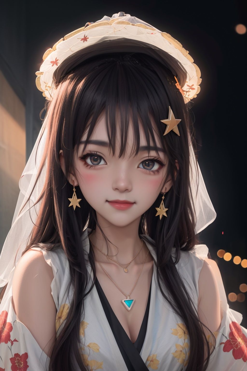 best quality, masterpiece, highres, 1girl,blush,(seductive smile:0.8),star-shaped pupils,china hanfu,hair ornament,necklace, jewelry,Beautiful face,upon_body, tyndall effect,photorealistic, dark studio, rim lighting, two tone lighting,(high detailed skin:1.2), 8k uhd, dslr, soft lighting, high quality, volumetric lighting, candid, Photograph, high resolution, 4k, 8k, Bokeh