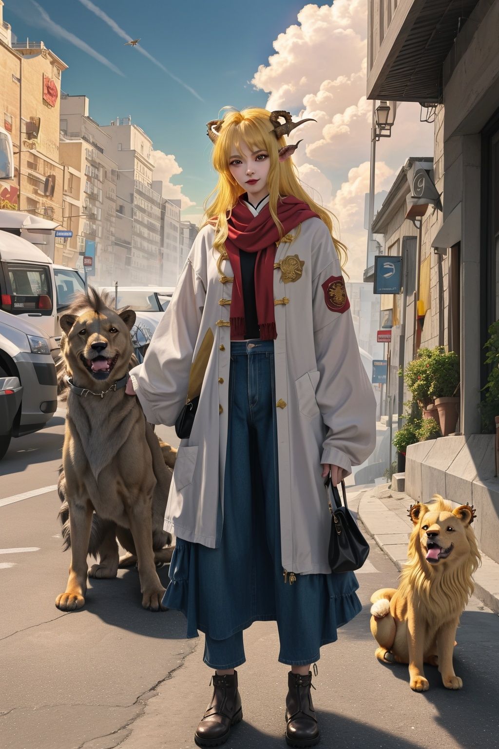 realistic,photorealistic,masterpiece,best quality,1girl,solo,(standing in street),looking at viewer,(solo),(Fantasy creatures),dog body,((Chinese jiao)),(((Horns))),Horns,(golden dog body:1.3),(golden lion head),Leopard print,(solo),Canines,lion head,fly up to the cloudy regions,fly up to the cloudy regions,Big and strong,Diabolical,Tyrannica,