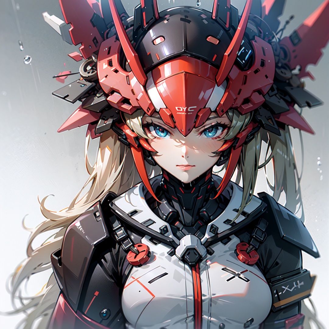 (((The cyber helmet covers the whole face))),a mecha,((Upper body)),Side face ,best quality,meticulously crafted,extremelydetailed CG unity 8k wallpaper,There are a lot of rain on the lens,a mecha,((upper body)), 