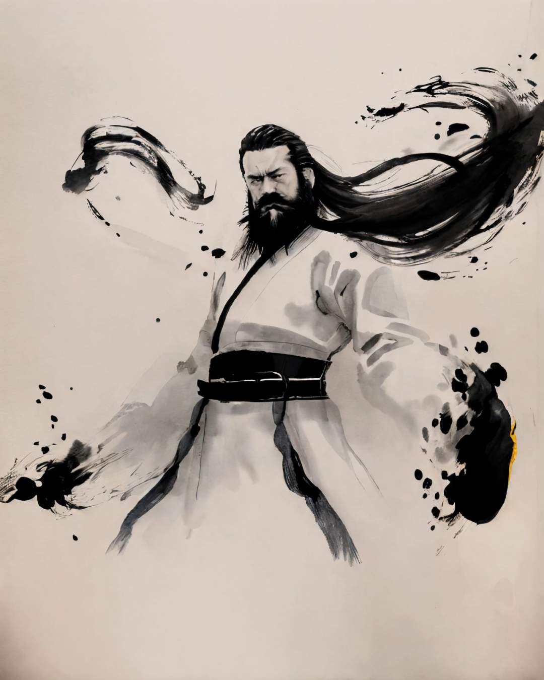 <lora:zyd232_InkStyle_v1_0:1.2> zydink, monochrome, ink sketch, 1boy, asian (middle age man), (long beard, facial hair), fighting stance, looking at viewer, long hair, floating hair, hanfu, chinese clothes, long sleeves, (abstract ink splash:1.2), white background