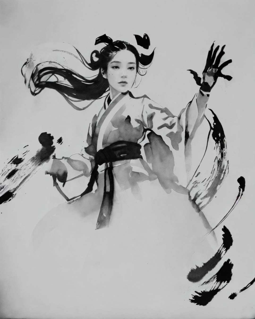 <lora:zyd232_InkStyle_v1_0:1.2> zydink, monochrome, ink sketch, 1girl, fighting stance, open hand, looking at viewer, long hair, floating hair, hanfu, chinese clothes, long long sleeves, (abstract ink splash:1.2), white background