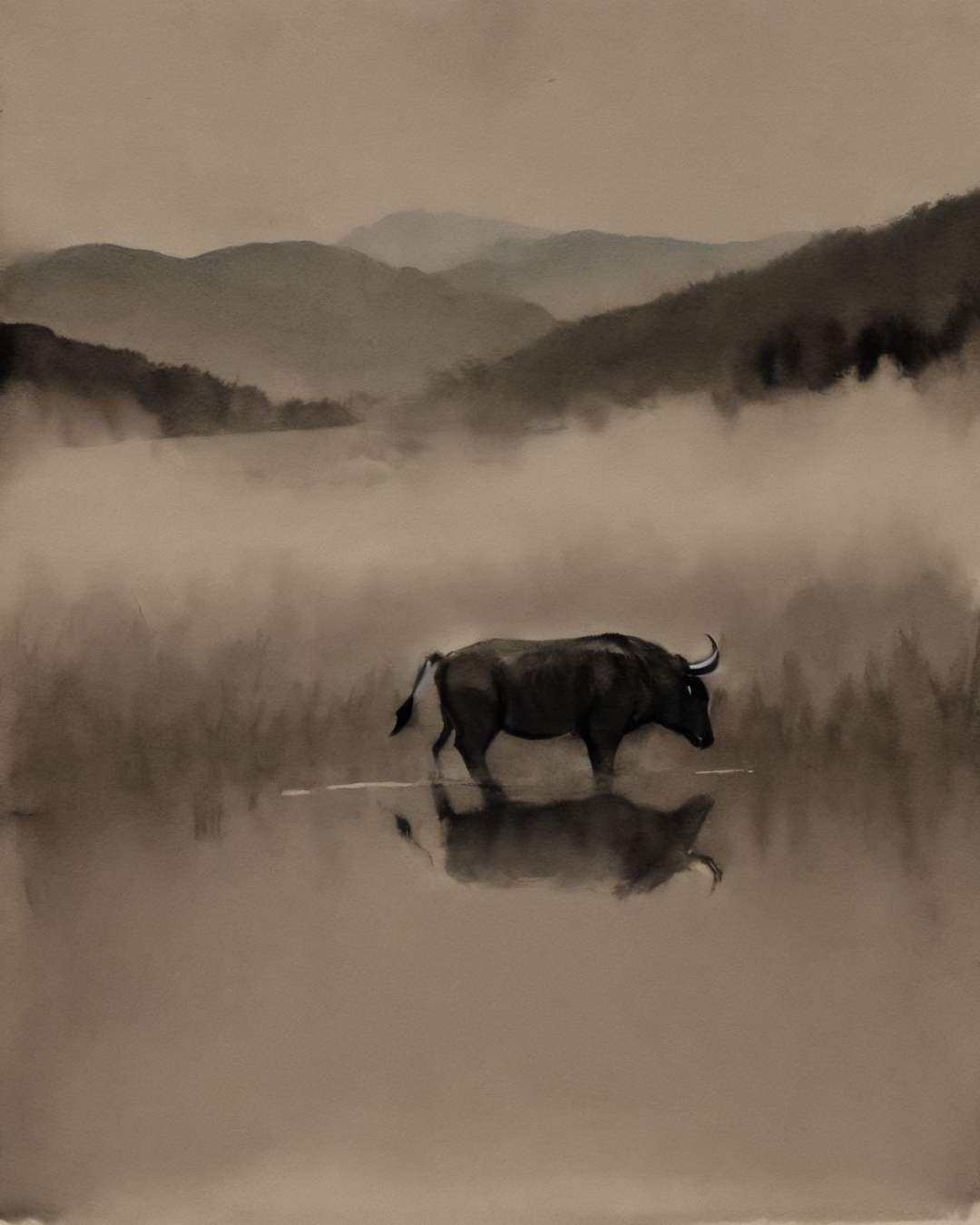 <lora:zyd232_InkStyle_v1_0:1.0> zydink, monochrome, ink sketch, bull, water, reflection, hills, field, clear sky, white background, 