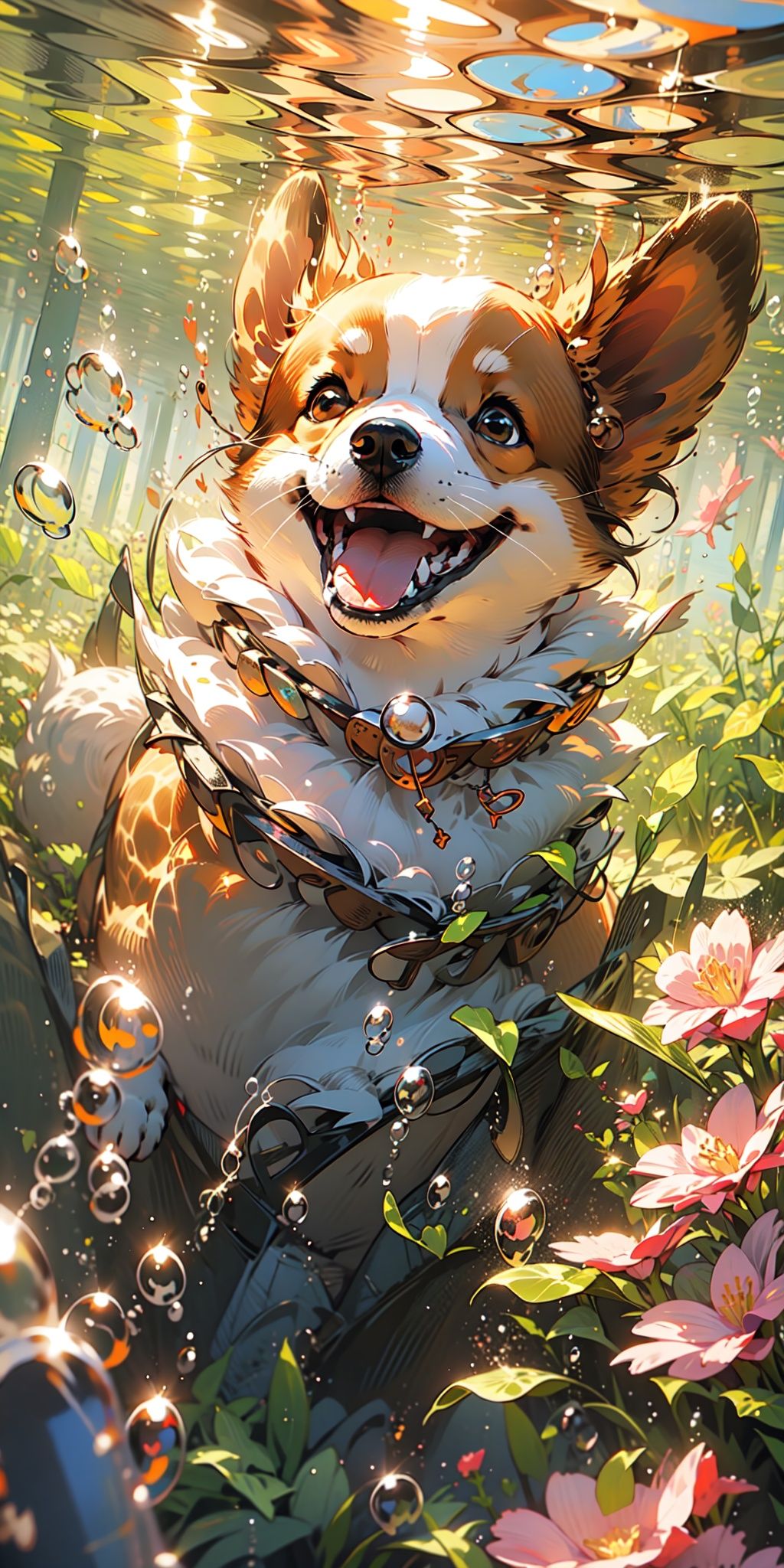 MG_keji,mangguo_keji_water under,Bubble,HD screen,.,shuixia,a dog,corgi,Bubbling, flowers and leaves, <lora:EMS-435-EMS:0.9>, <lora:EMS-3037-EMS:0.6>
