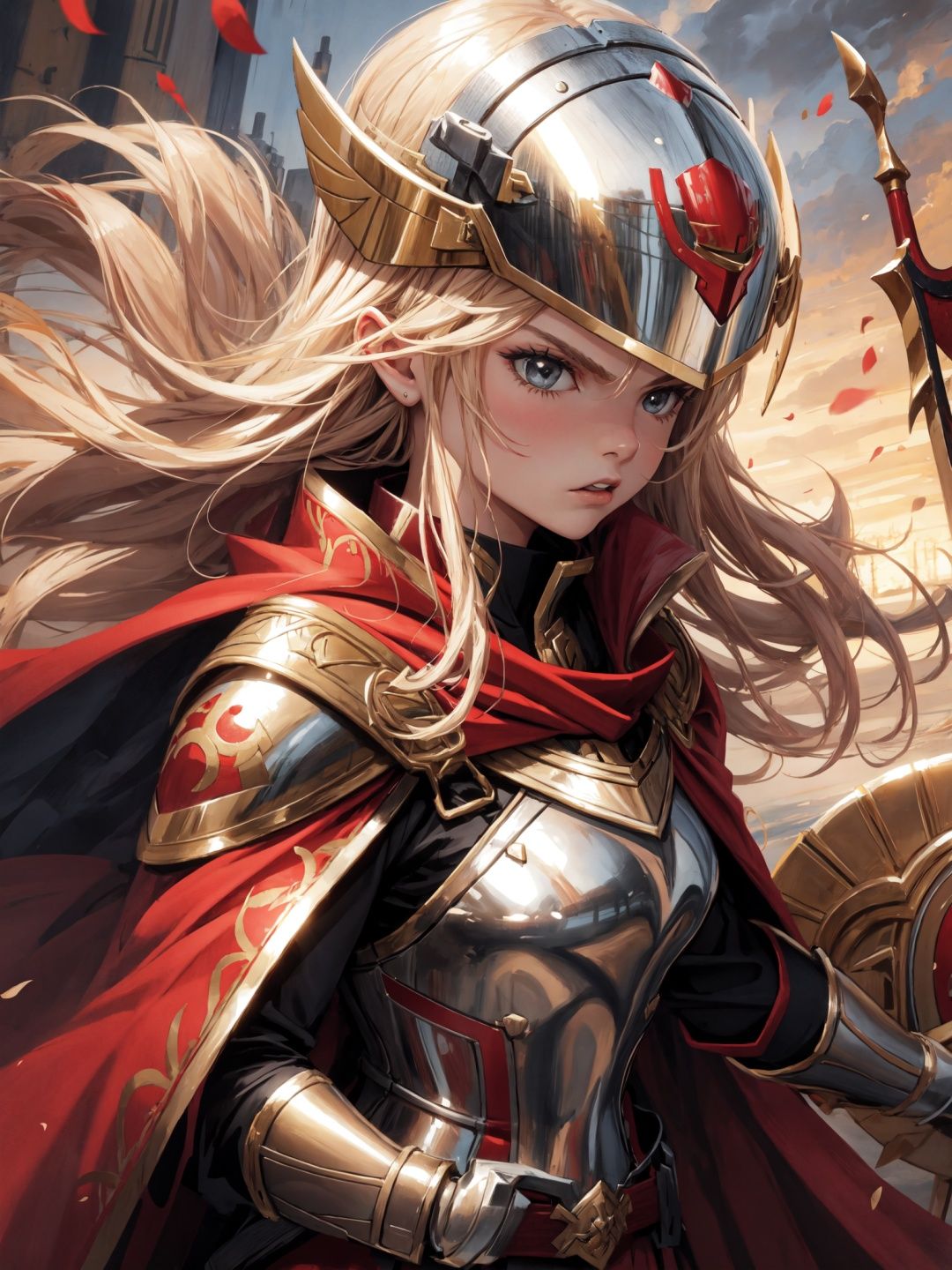 1girl, solo, female romanarmy warrior with helmet on and red cape, long blonde hair, angry