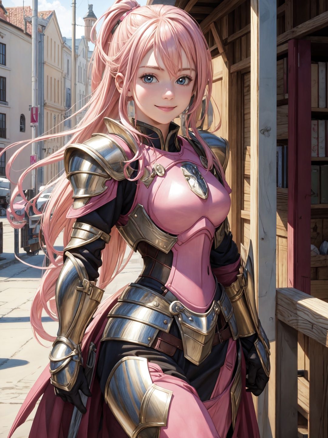 masterpiece,raw photo,best quality, photorealistic,  ,,1 girl,small breast,smile,ash blonde or ginger or pink hair,armor