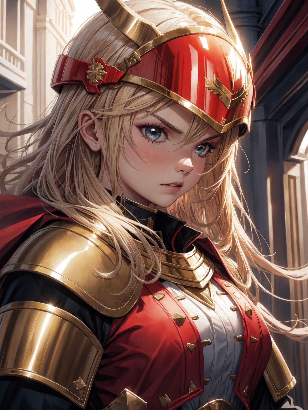 1girl, solo, female romanarmy warrior with helmet on and red cape, long blonde hair, angry