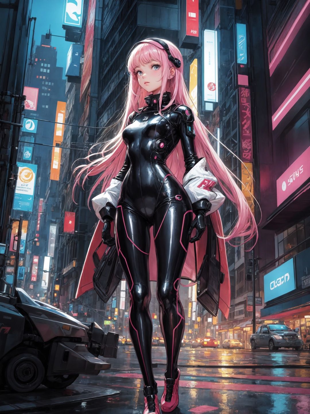 best quality,illustration,masterpiece,look far away,1girl,15 years old,body suit,cyber city,neon,battle suit