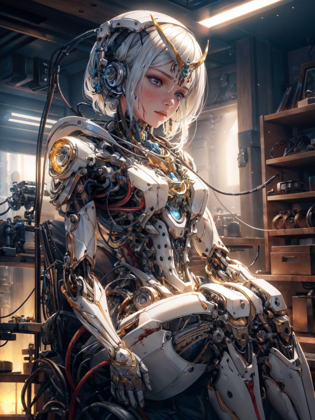 1mechanical girl,((ultra realistic details)), portrait, global illumination, shadows, octane render, 8k, ultra sharp,metal,intricate, ornaments detailed, cold colors, egypician detail, highly intricate details, realistic light, trending on cgsociety, glowing eyes, facing camera, neon details, machanical limbs,blood vessels connected to tubes,mechanical vertebra attaching to back,mechanical cervial attaching to neck,sitting,wires and cables connecting to head
