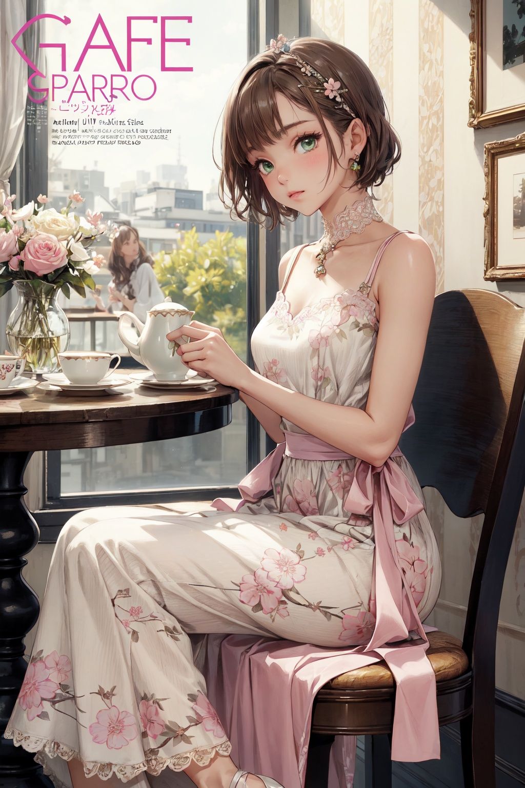 masterpiece, best quality,kinomoto_sakura, girly style, lace dresses, pastel colors, floral prints, high-waisted skirts, ballet flats, delicate accessories, cafe, indoors, high tea, sit down, table,.a young beautiful girl, green eyes, brown short hair, ultra detailed, official art, unity 8k wallpaper, (fashion magazine cover:1.3),