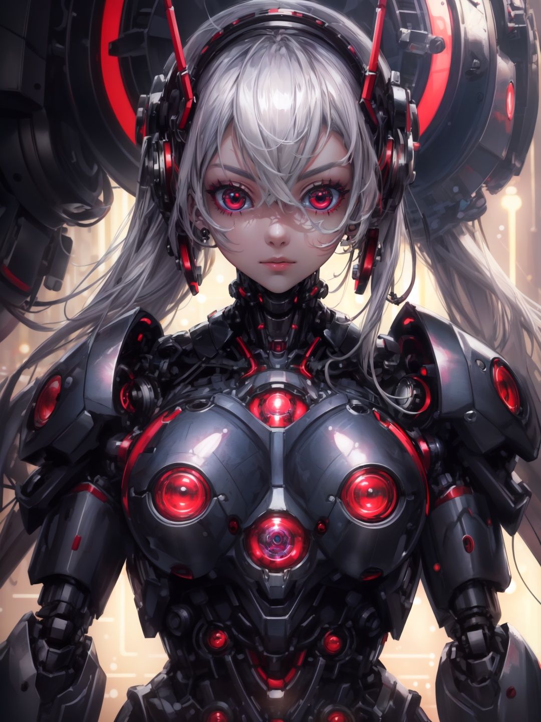 masterpiece,best quality, ((upper body)),one robot girl, (solo:1.2), (growing) red eyes, Mechanical skin, Mechanical joints, close up Meta, background is Cybernetic Laboratory, wake up, kaleidoscope, neon light effect,.