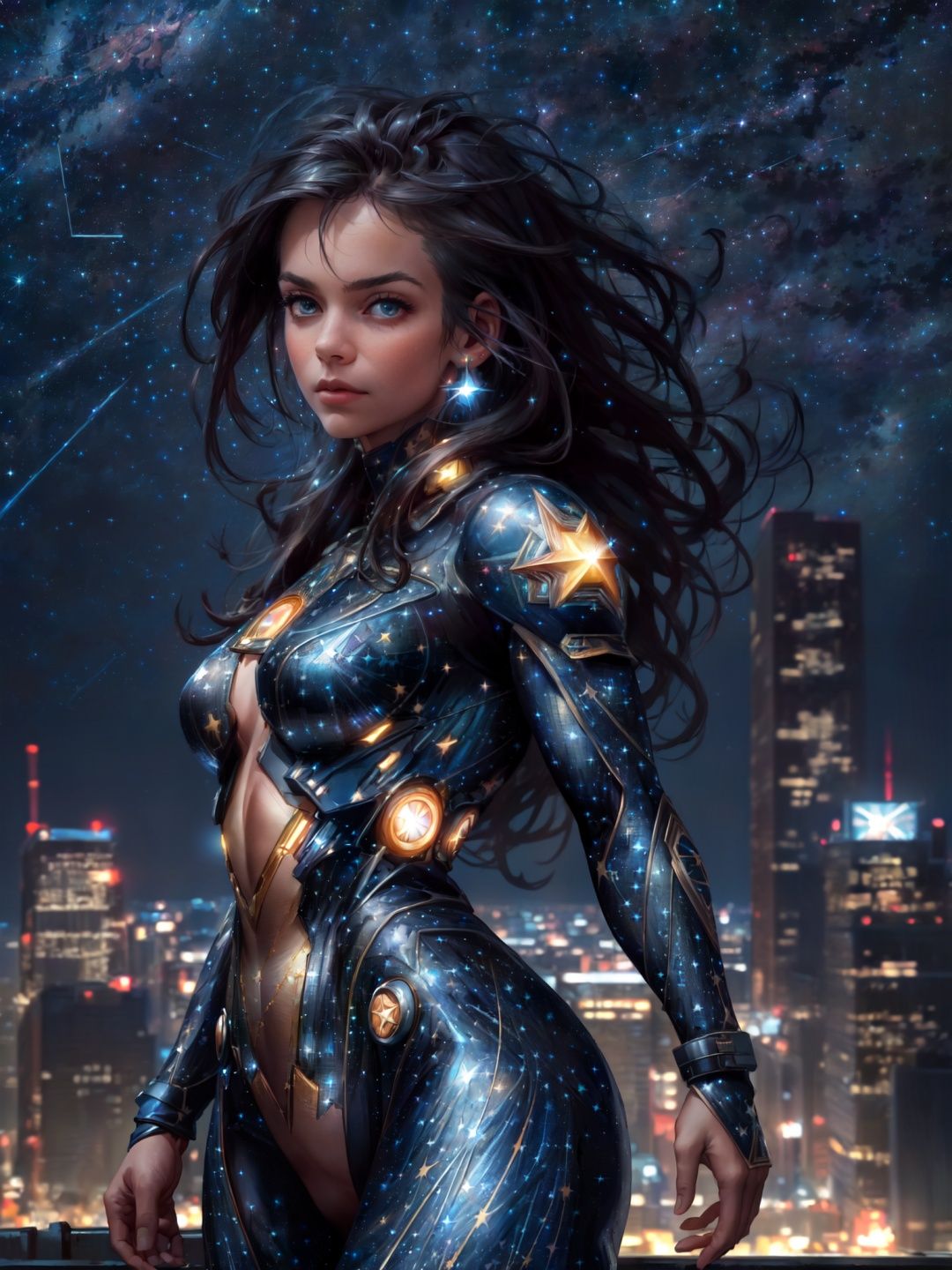 Best quality, masterpiece, ultra high res,(photorealistic:1.4),.(starry sky:1.3),on the rooftop, (the city cyberpunk background:1.1),.upper body,intricate details,Edge light,dramatic angle,(dynamic pose:1.2),depth of field,.1girl,looking at viewer, ((wearing super man suit)), 