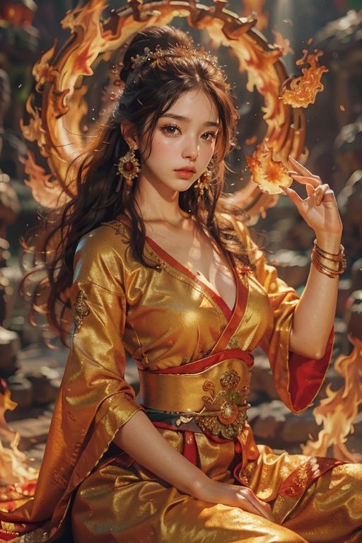 Best quality,masterpiece,ultra high res,1girl,beautiful_face,detailed skin,yuhuoshu,jewelry,solo,earrings,(fire:1.3),blurry,realistic,lips,hands between legs,chinese zen,<lora:御火-000006:0.8>,(Giant Flame Circle:1.2),(Full of flame energy:1.2),