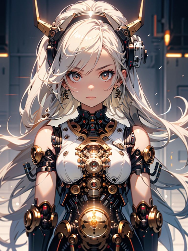 Elegant hair,1girl,solo,Mechanical Headwear,Look up the lens,long hair,whole body,mechanical arm,white hair,earrings,looking at viewer,mechanical necklace,Positive symmetrical composition,brown eyes,upper body,Robot Background,(There's a light engine in the background:1.4),Diamond,<lora:MG_jijia:0.8>,