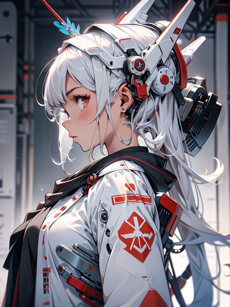 Ukiyoe style, machinery, Mecha, 1girl, solo, from side, long hair, profile, upper body, science fiction, closed mouth, white hair, headgear, Technological background， <lora:MG_jijia:1>